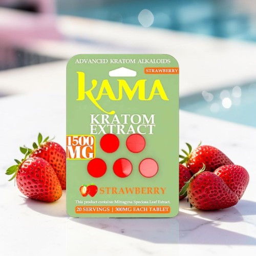 Kama Kratom extract package with strawberries in the background.