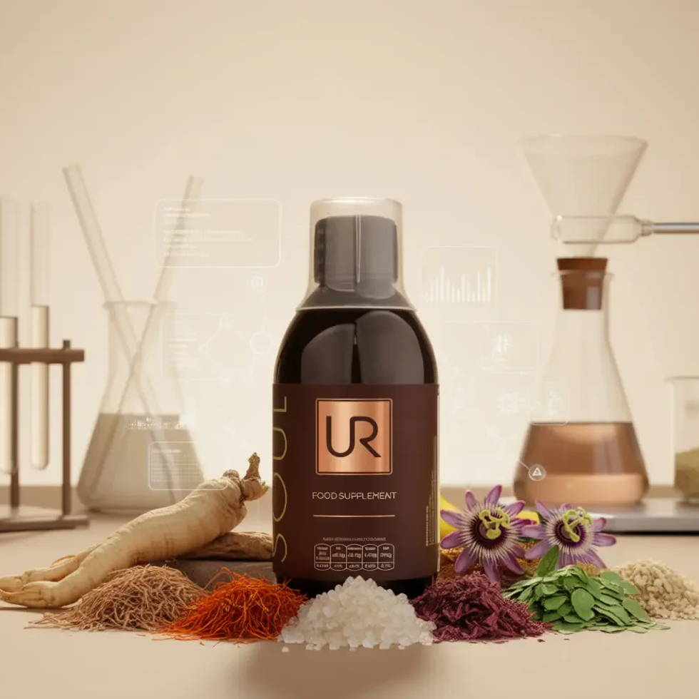 Bottle of SOUL surrounded by herbs and laboratory equipment.