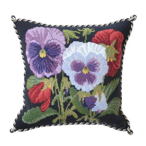 The Botanical Garden Pansies kit finished as a pillow