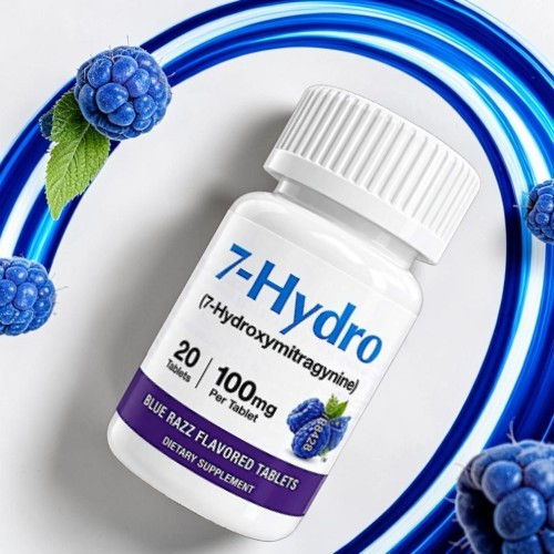 Bottle of 7-Hydro supplement with raspberry flavoring and blue accents.
