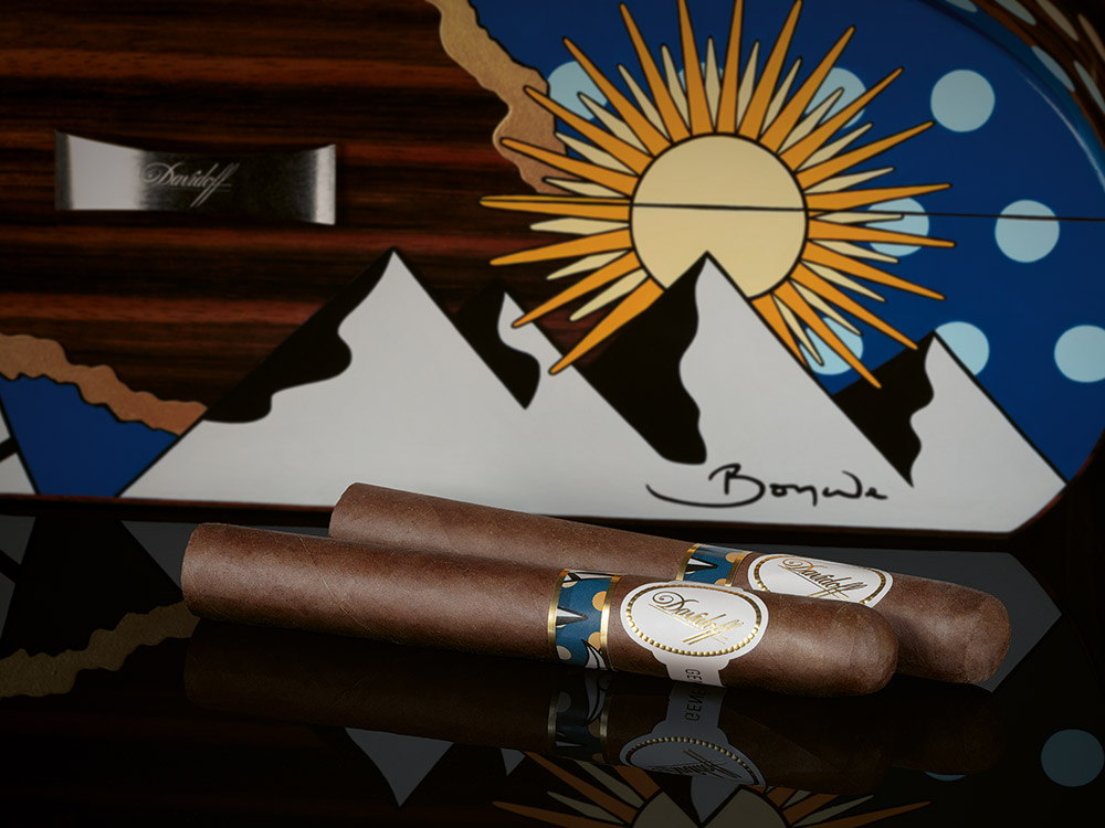 The front of the Davidoff & Boyarde Masterpiece Humidor Elementary with two exclusive toro cigars placed in front of it.