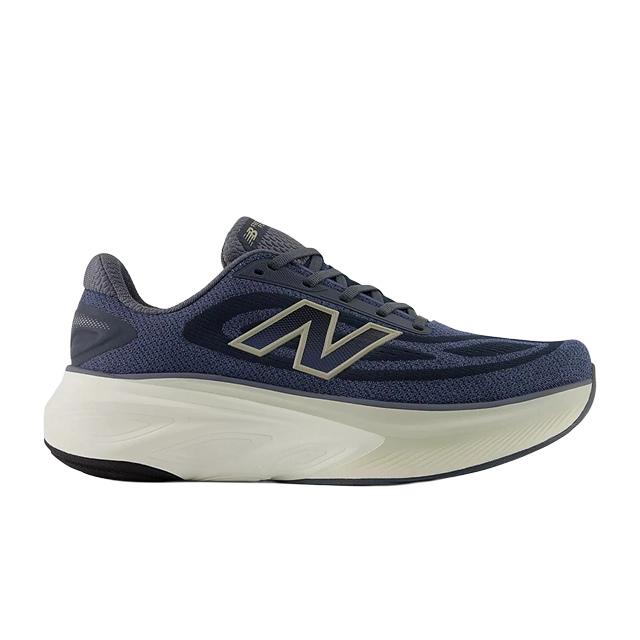 New Balance running shoe in navy blue with a white sole.