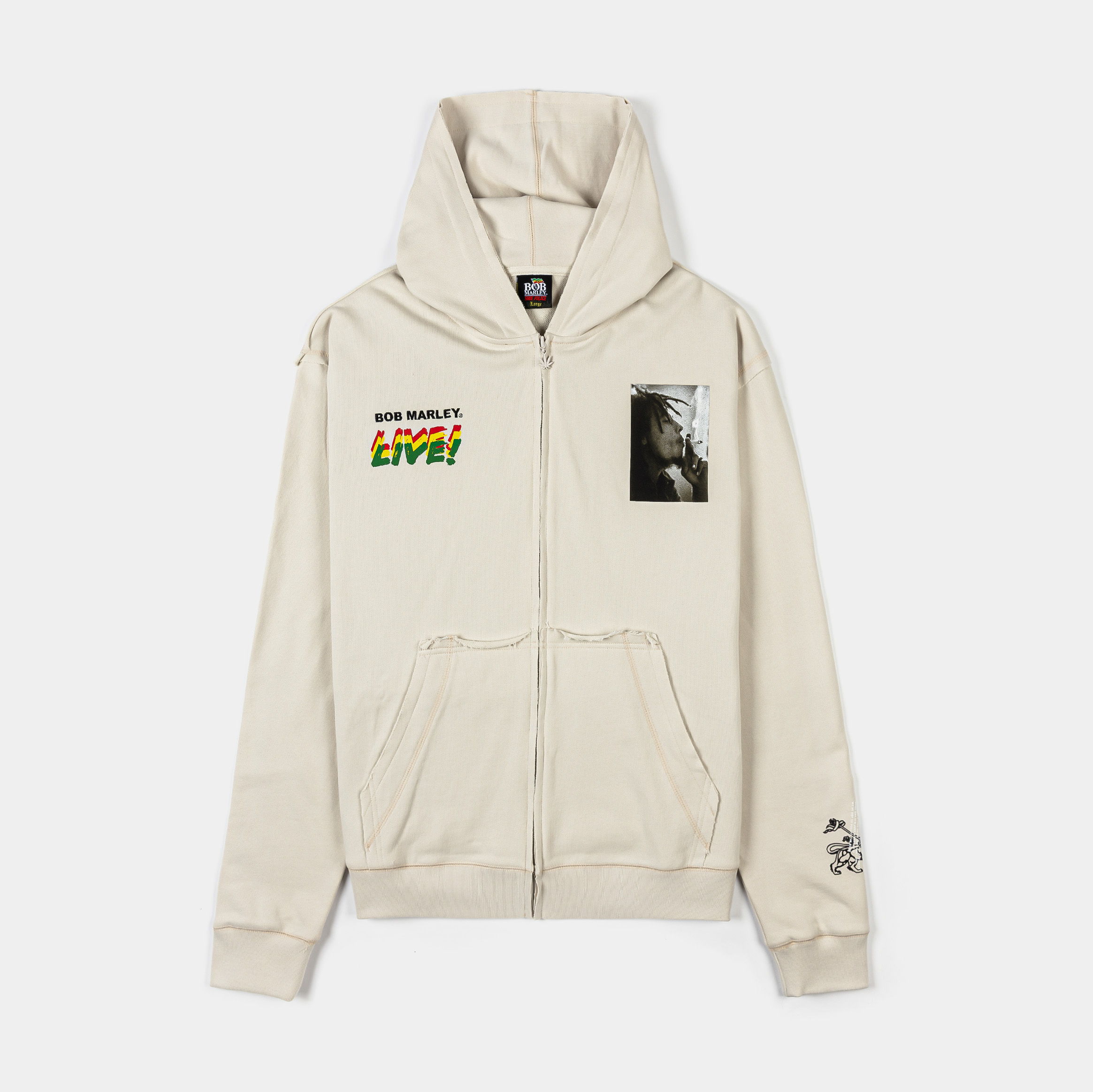 Beige hoodie with graphic prints and a front pocket.