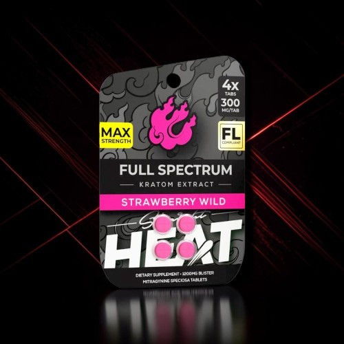 Full Spectrum Kratom Extract packaging, Strawberry Wild flavor, with dosage information.