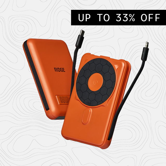 Orange portable charger with a discount offer.