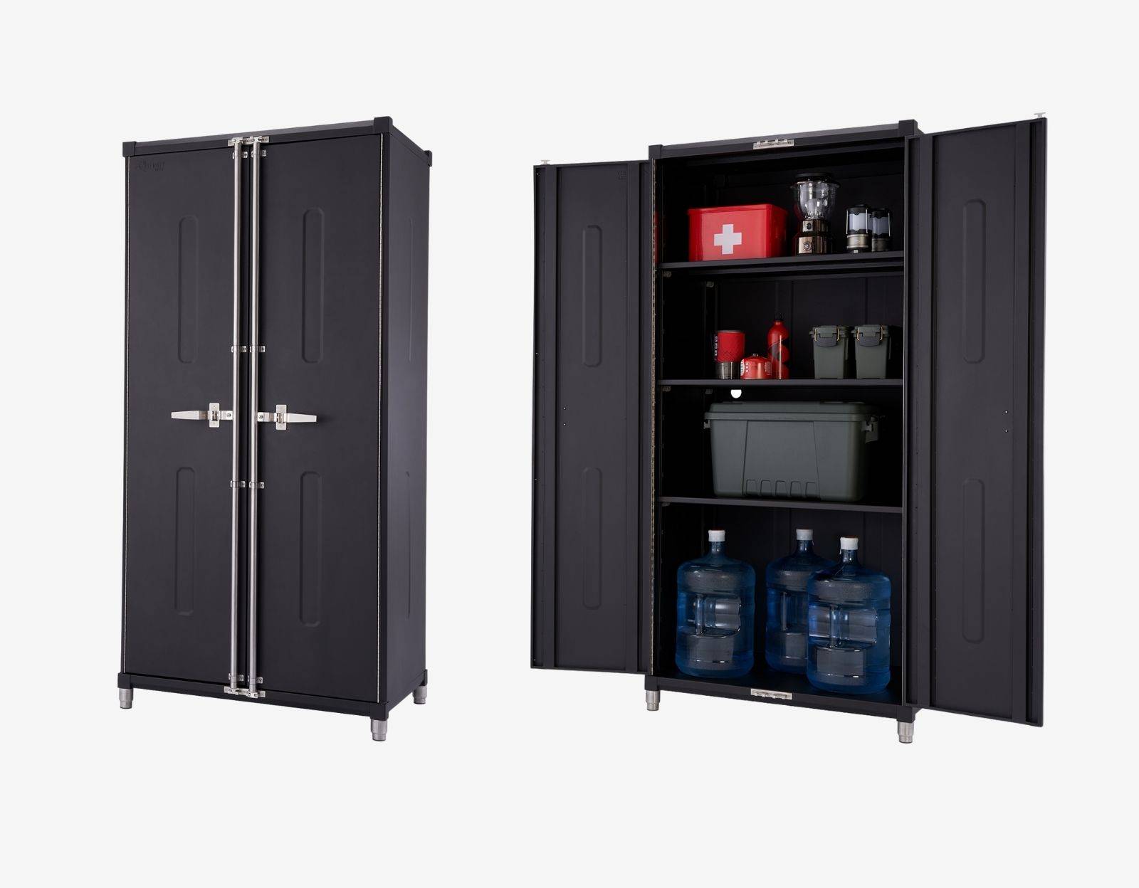 2 locker cabinets, one open and filled with garage and other bulky supplies