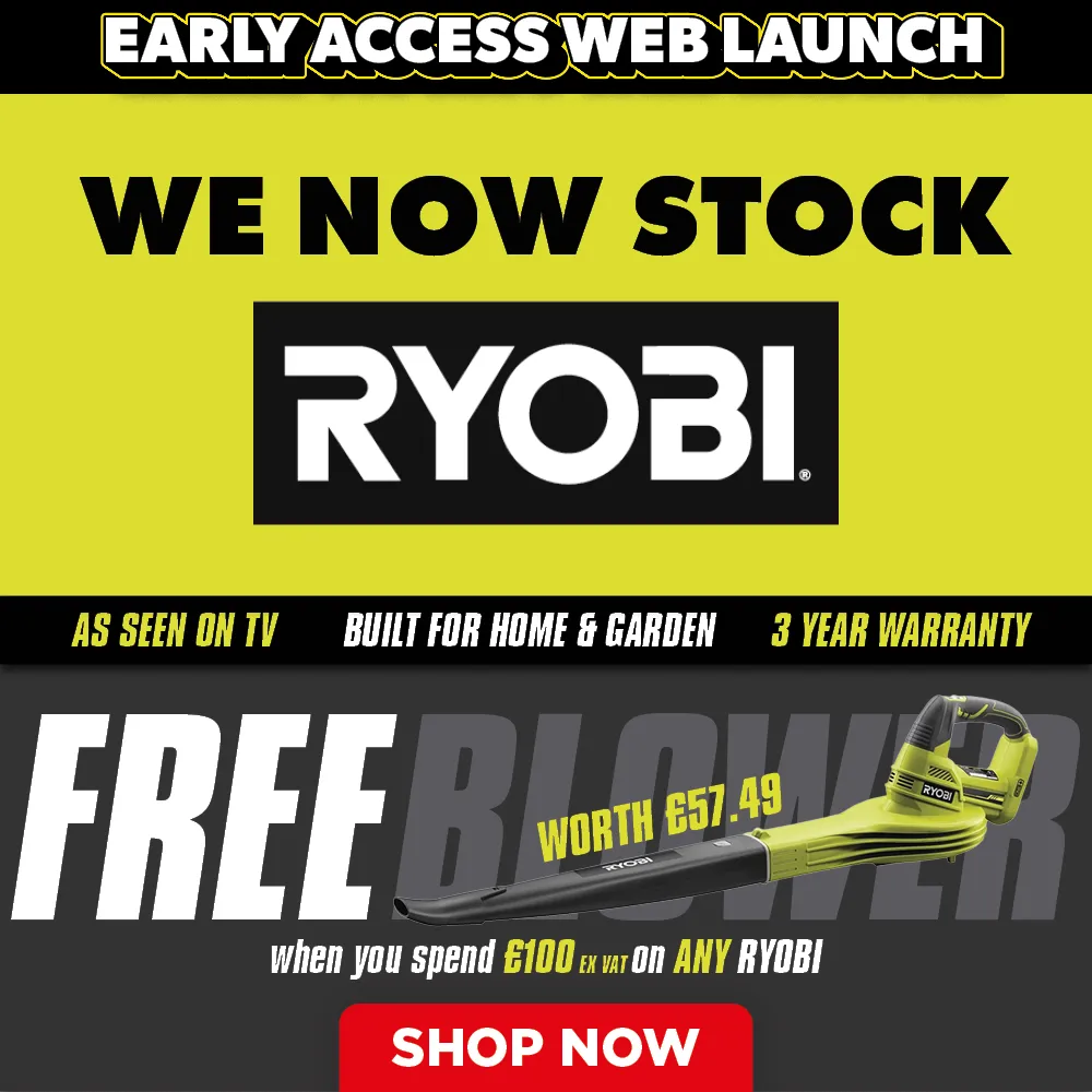 Promotional banner for Ryobi products with free blower offer.