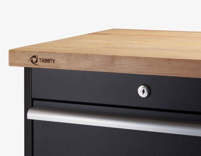 1 inches thick wood top on a base cabinet with trinity marking