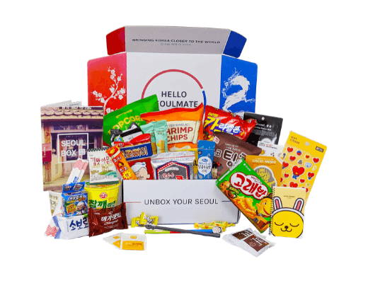 Korean snack box with stationery, BT21 merchandise, candy, makeup and treats