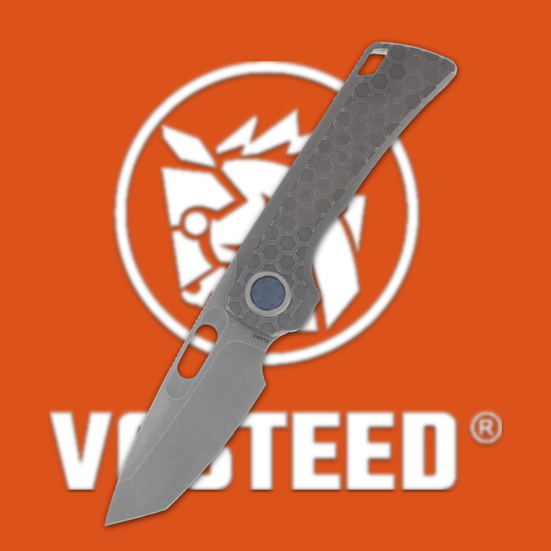 A folding knife with a textured handle on an orange background.
