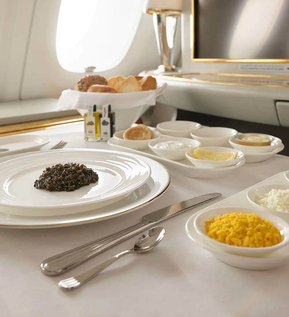 Palm Bright on an Emirates airplane dining table.