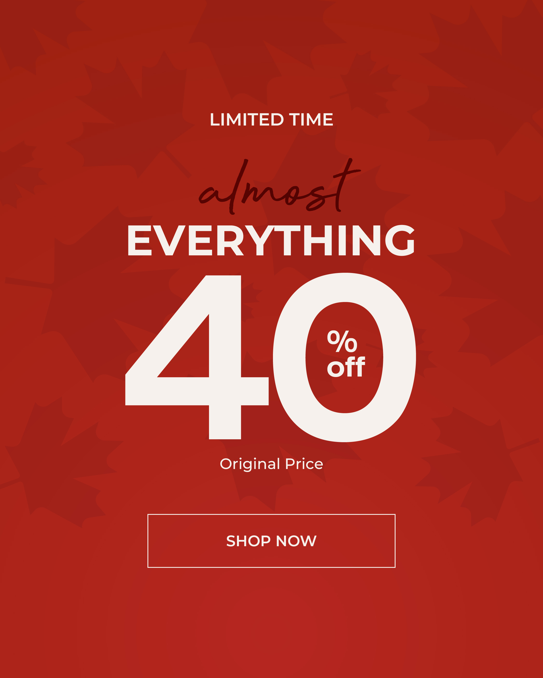 Limited time offer: almost everything 40% off. Shop now!