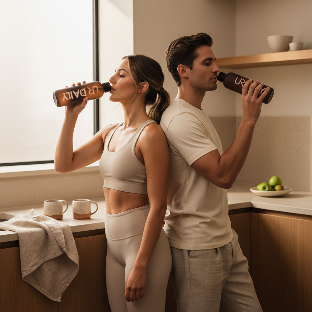 A woman and man drinking from bottles in a modern kitchen.