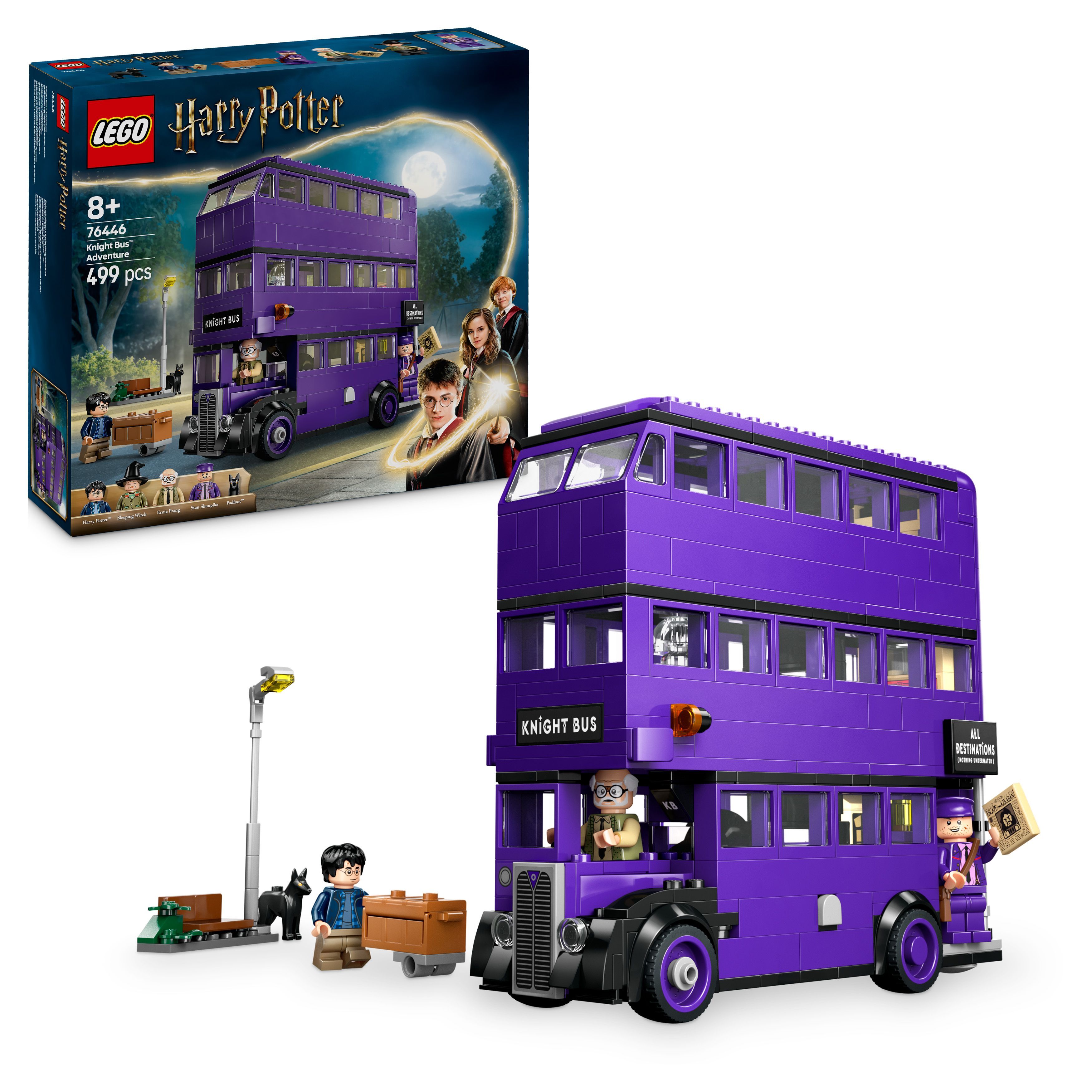 LEGO Harry Potter Knight Bus set with packaging and mini-figures.