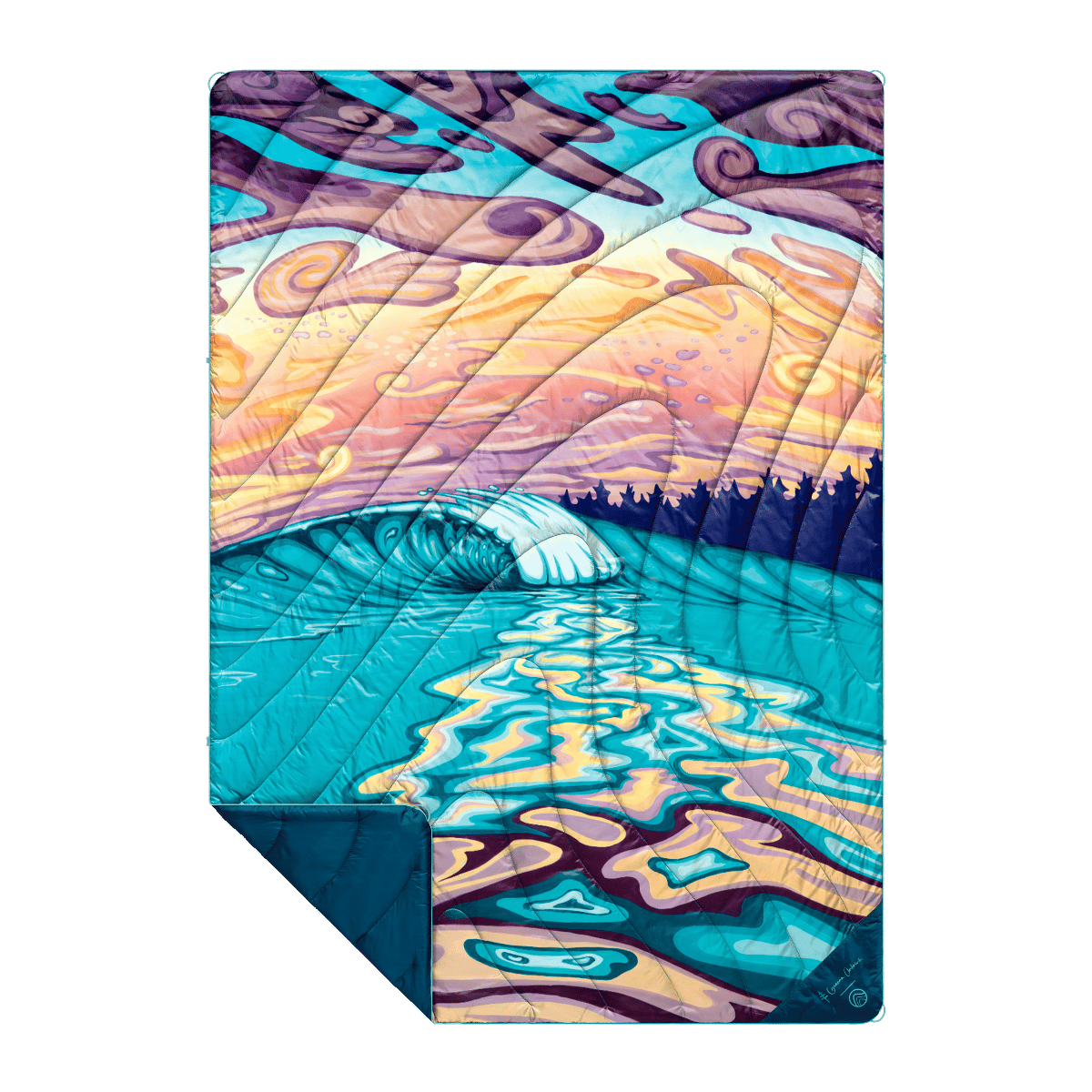Colorful wave and sunset illustration with vibrant blues, purples, and oranges.