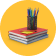Stack of books with a cup of pens on top, against a yellow background.