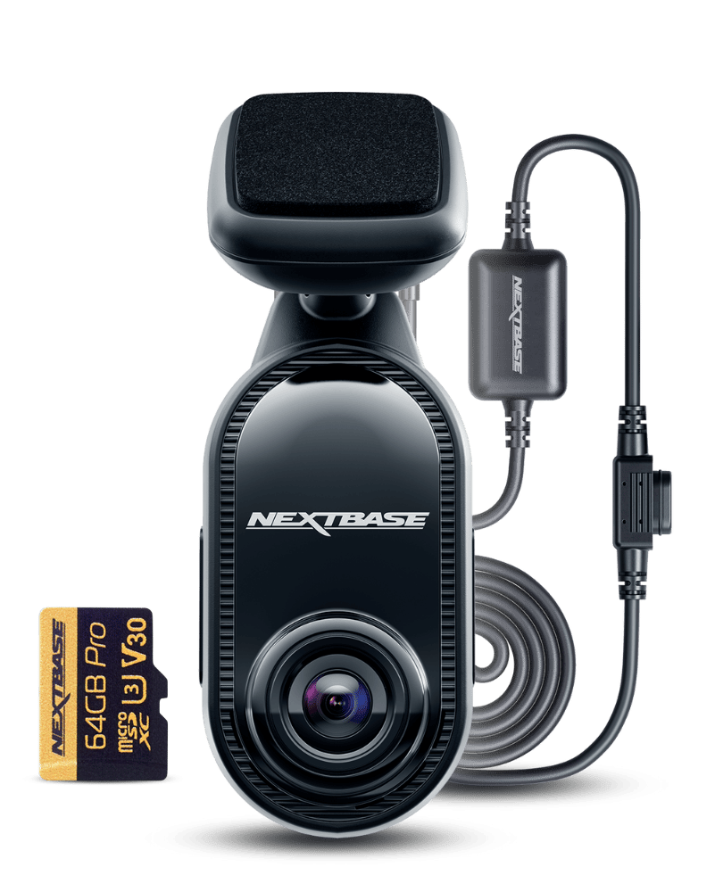 Nextbase dash cam with a memory card and power cable.