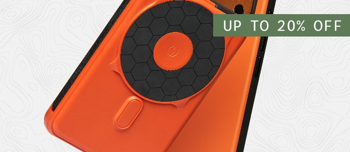 Orange phone case with a black circular design and a discount label.