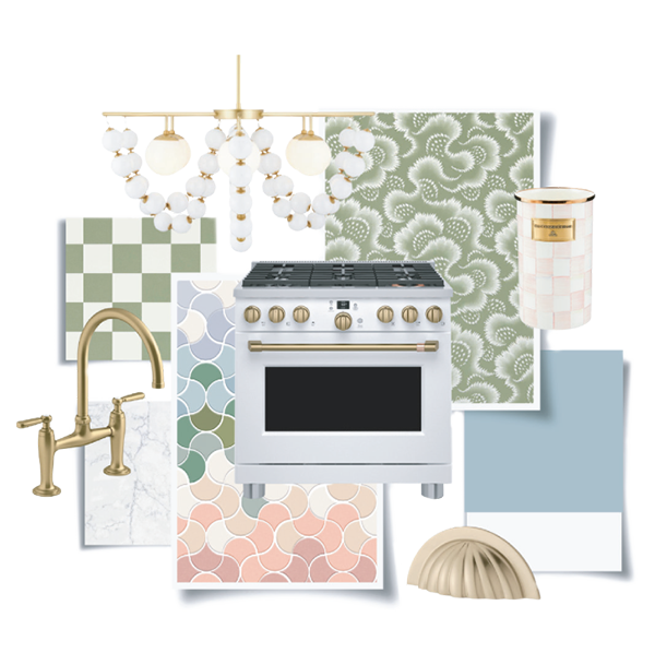 Collage of kitchen elements, including matte white commercial-stye range, patterns, and decor items.
