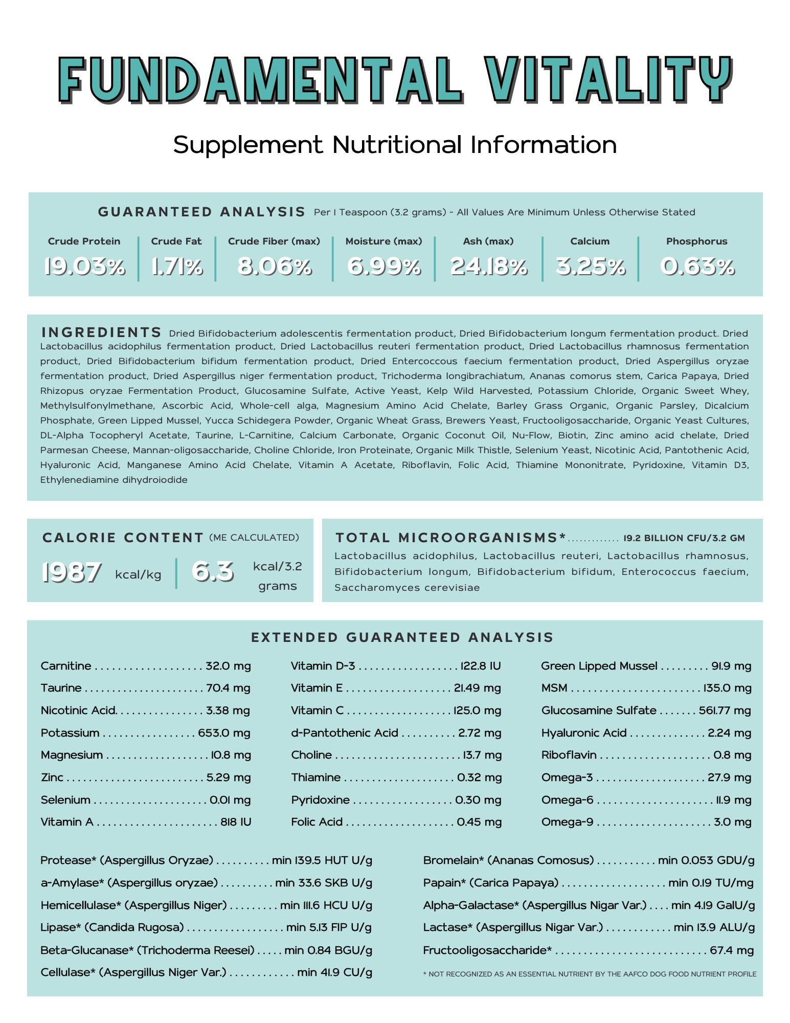 Fundamental Vitality multivitamin nutritional information flyer.