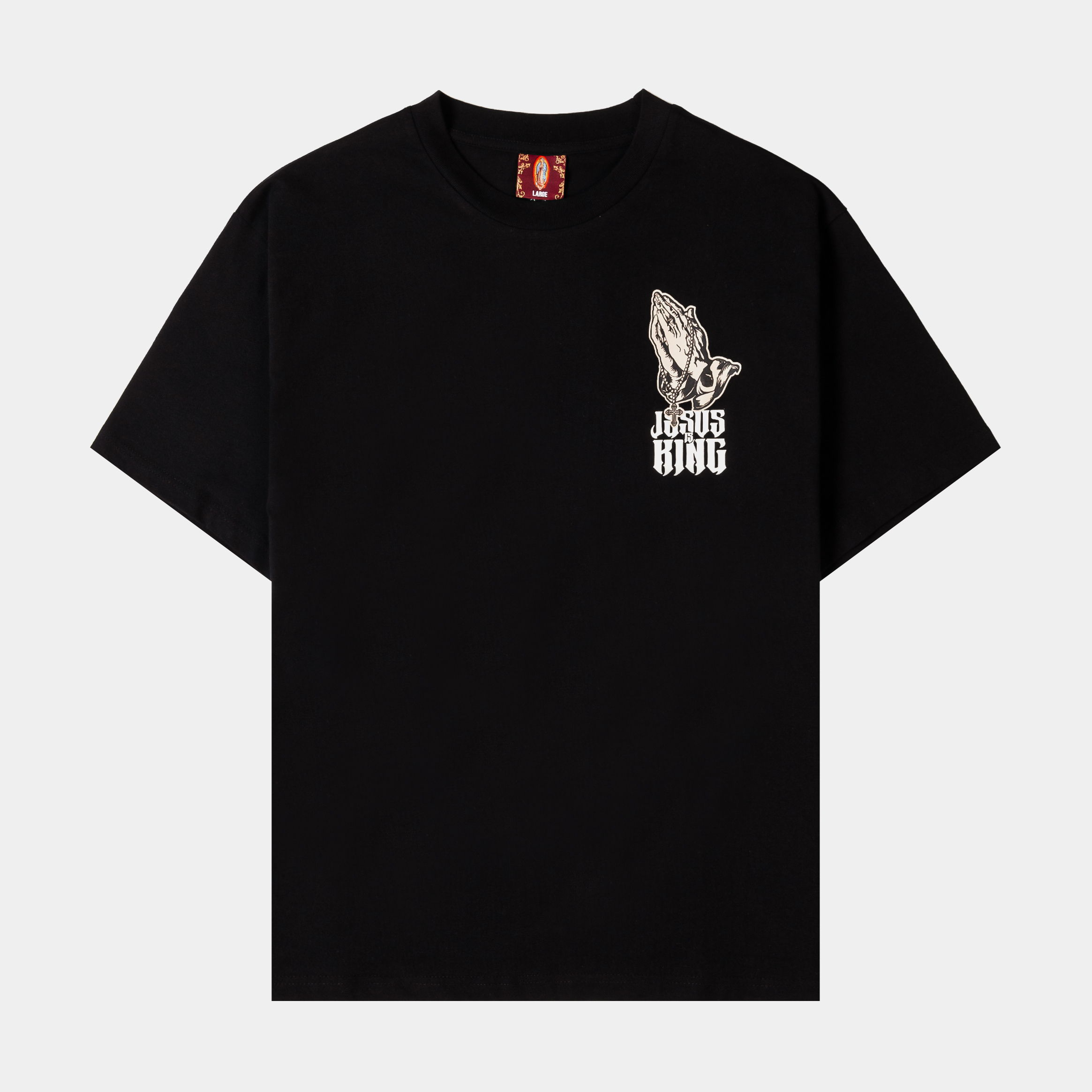 Black t-shirt with graphic design on the front.
