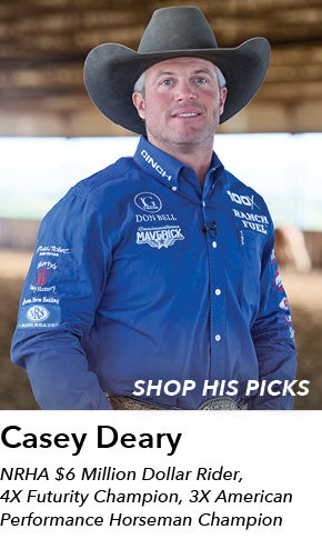 Man in cowboy hat, blue shirt, promoting equestrian achievements and merchandise.