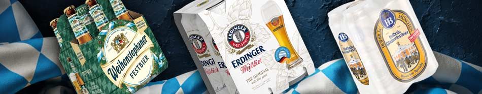 Various beer packaging displayed on a blue and white checkered background.