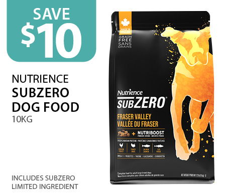 $10 off Nutrience SubZero Dog Food 10kg. Includes Subzero Limited Ingredient.