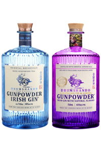 Two bottles of Drumshanbo Gunpowder Irish Gin, one blue and one purple.