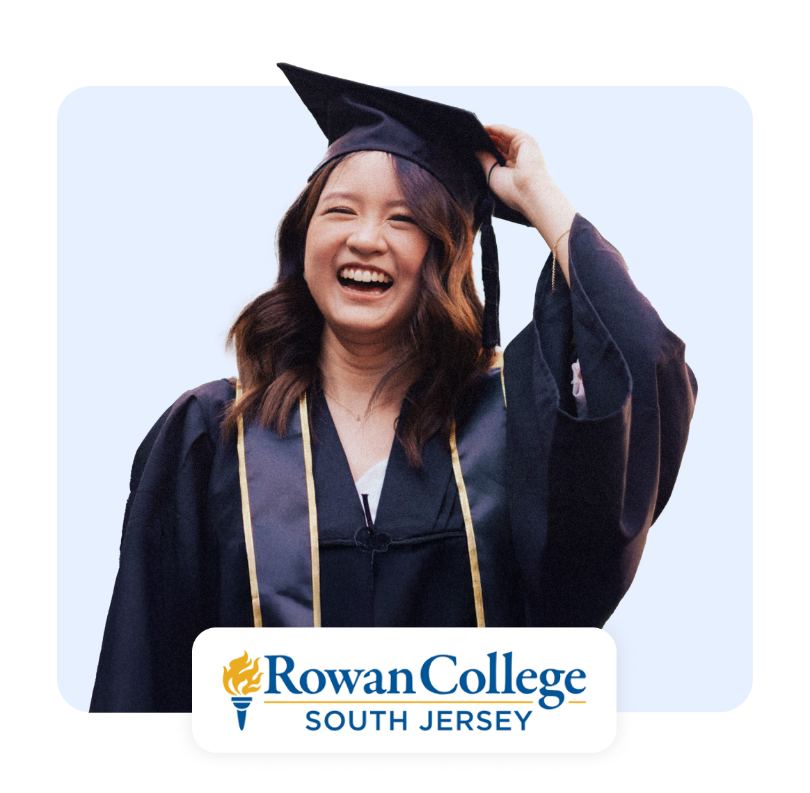 Graduate in cap and gown smiling, celebrating with Rowan College logo.