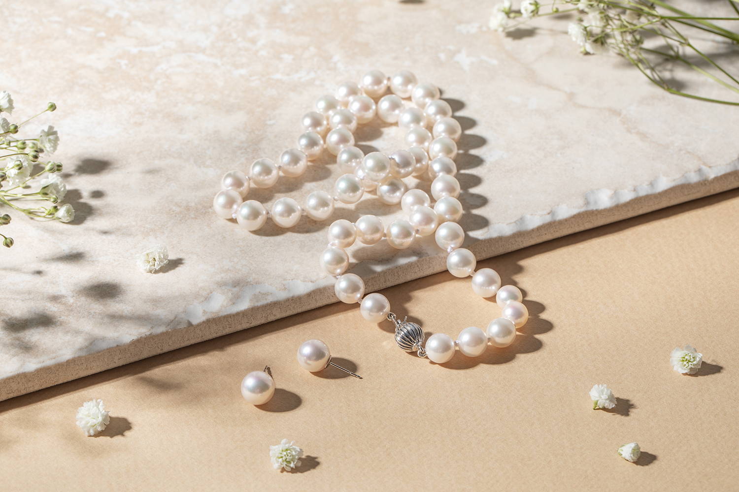 White Pearl Necklace and Earrings with Baby's Breath Flowers