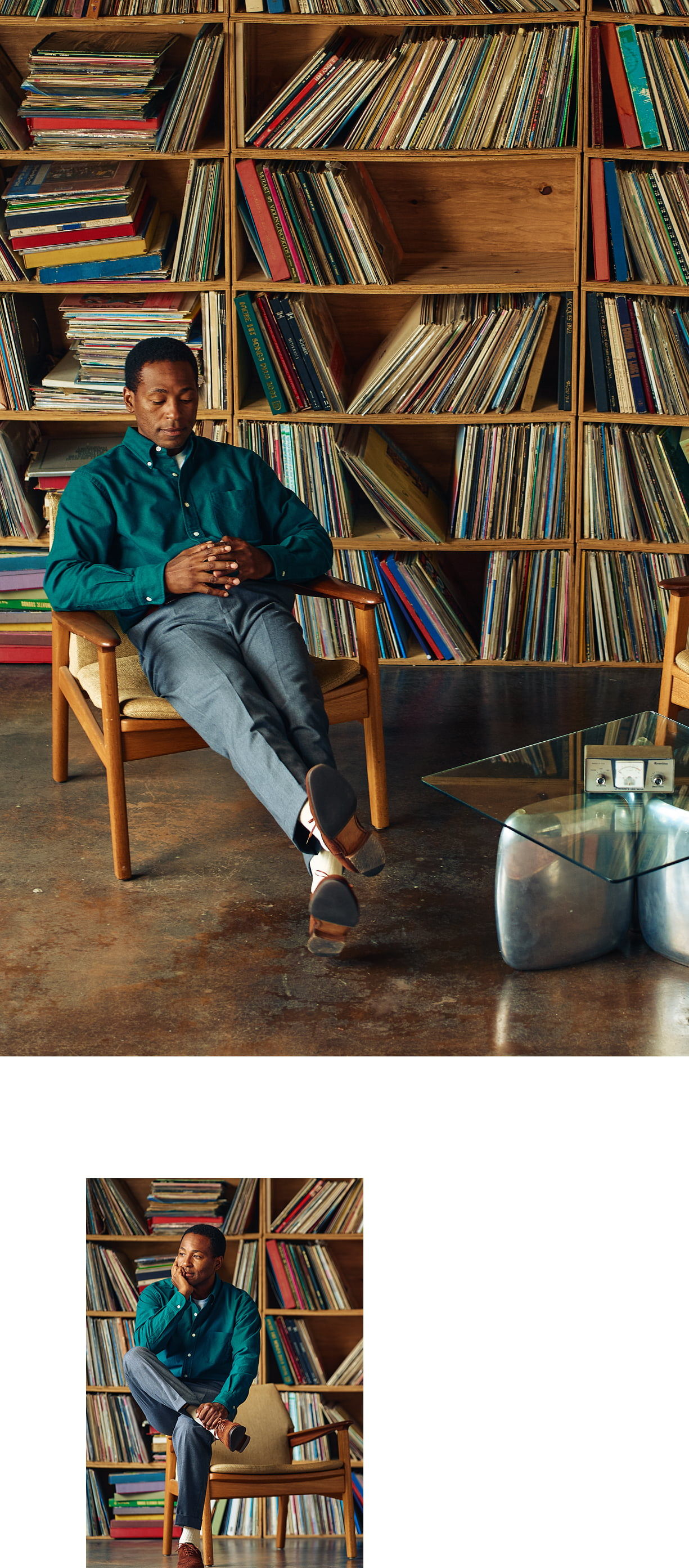 Person sitting in a chair with vinyl records in the background.
