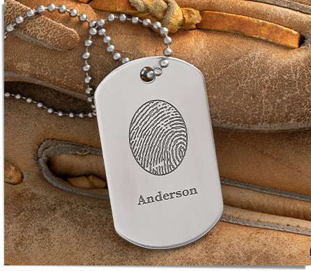  stainless steel military dog tag engraved with a fingerprint and name