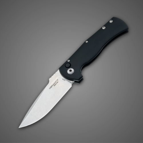 A folding knife with a black handle and silver blade.