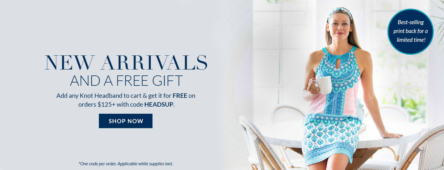 New arrivals & a free gift! Add any Knot Headband to cart & get it for FREE on orders $125+ with code HEADSUP. One code per order. Woman wearing Santorini Knot Headband and Santorini Sleeveless Shift Dress holding coffee mug.