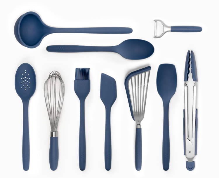A Blue Misen 10-Piece Prep Tool set—including Slotted Spoon, Whisk, Pastry Brush, Mixing Spatula, Fish Spatula, Spoontula, Tongs, Mixing Spoon, Ladle, Peeler, and Prep Tool Holder. 