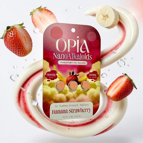 Packaging for Opia Nano-Alkaloids in banana strawberry flavor with fruit imagery.