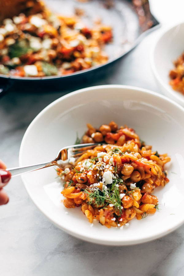 Orzo pasta with kale, chickpeas, fresh dill and