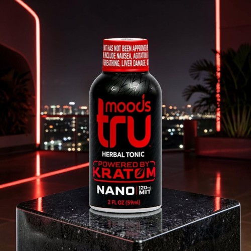 Bottle of Moods Tru herbal tonic powered by Kratom against a city skyline.