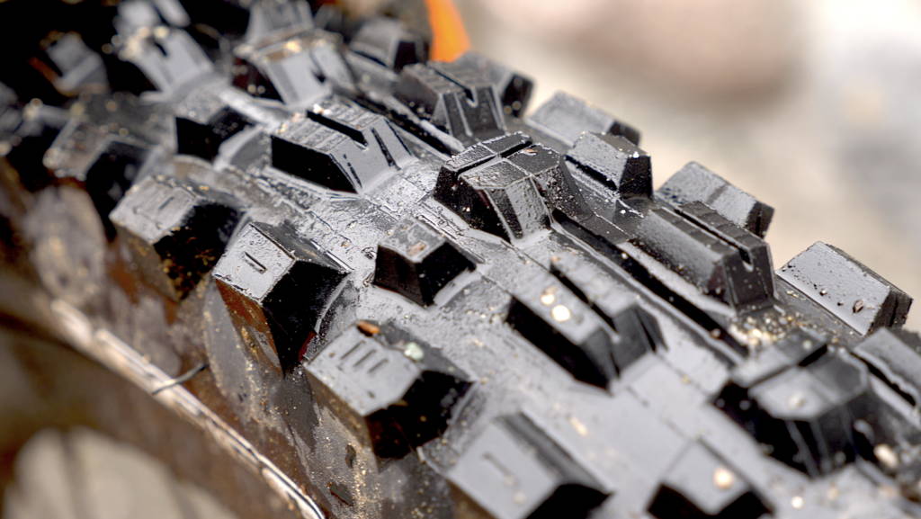 maxxis assegai mountain bike tire review detail of knobs in wet conditions