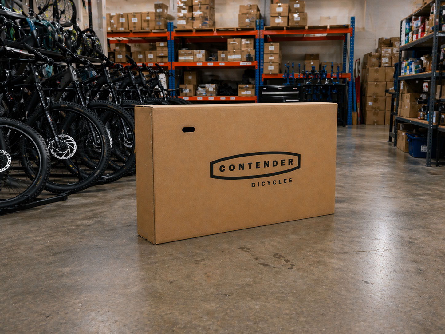 Contender bike box in a warehouse.