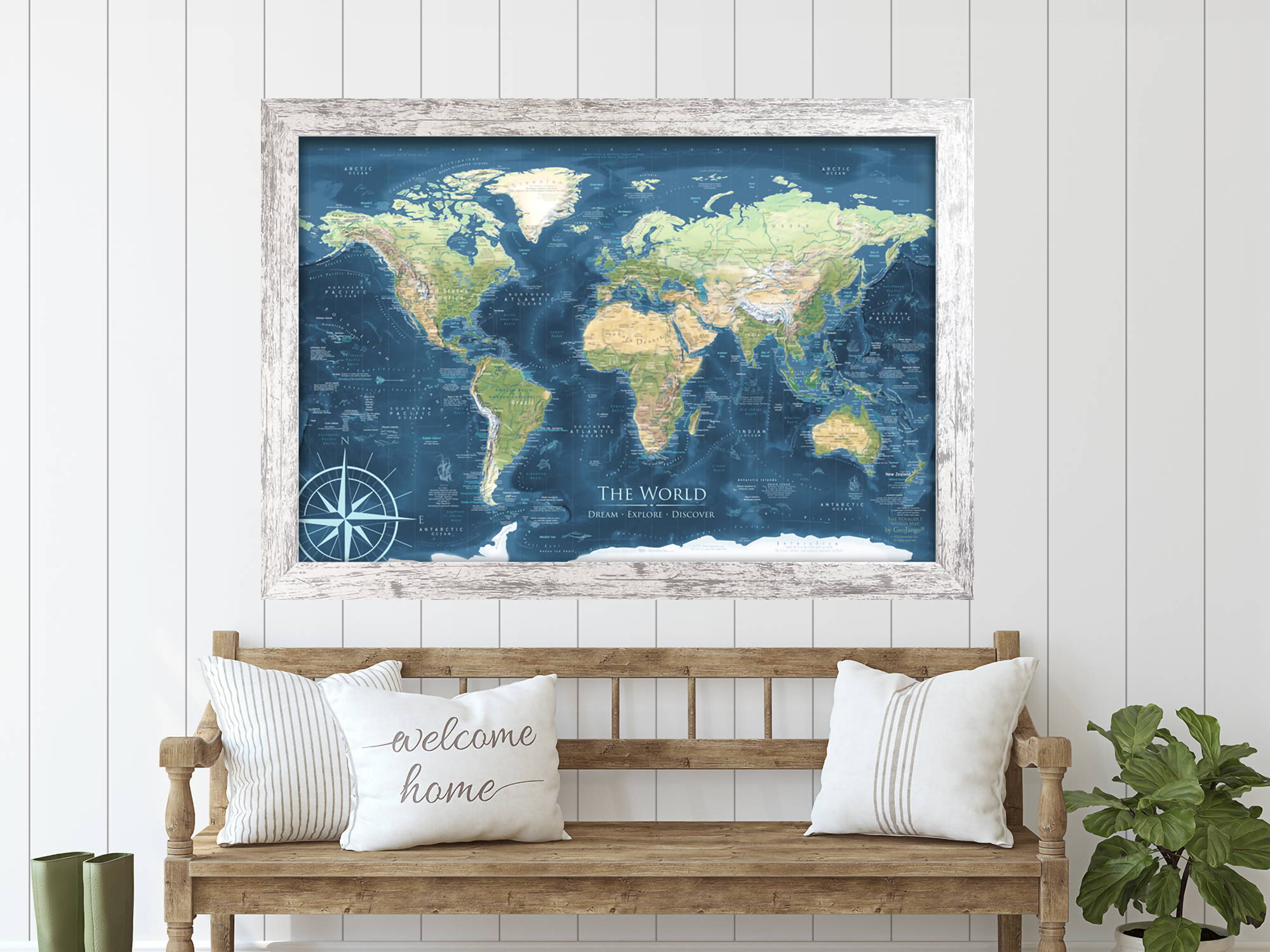 world map in white wash frame
