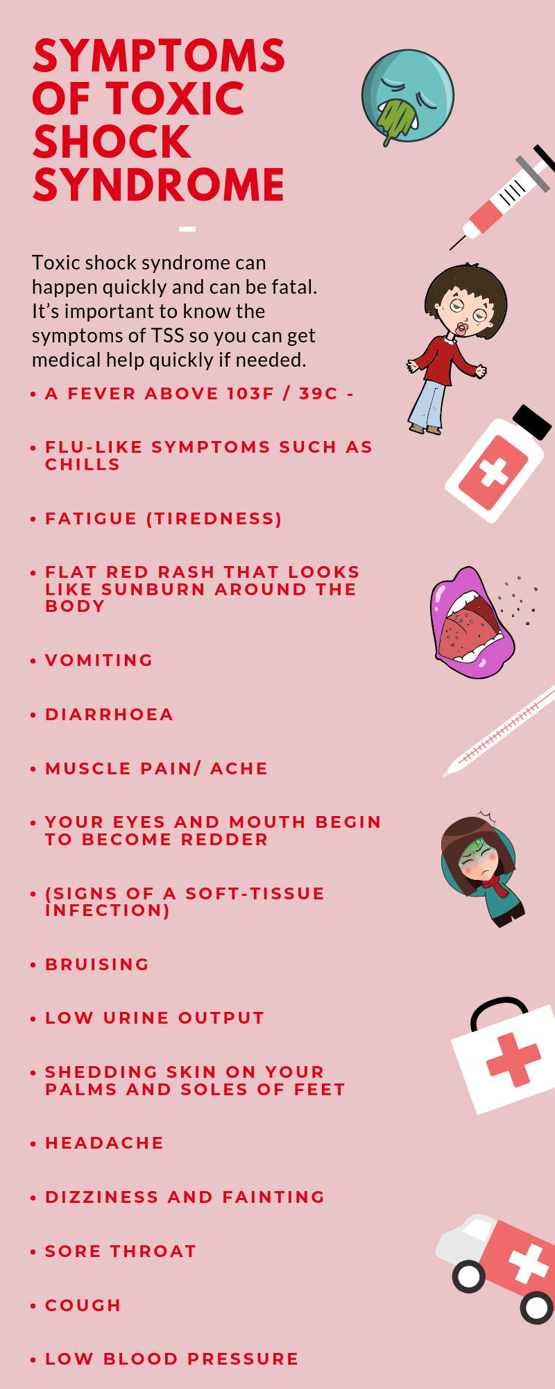 Menstrupedia - Toxic Shock Syndrome or #TSS is caused by a bacterial  infection complication. Here are the symptoms, if you use a #tampon, be  sure to remove it after 4-6 hours! We