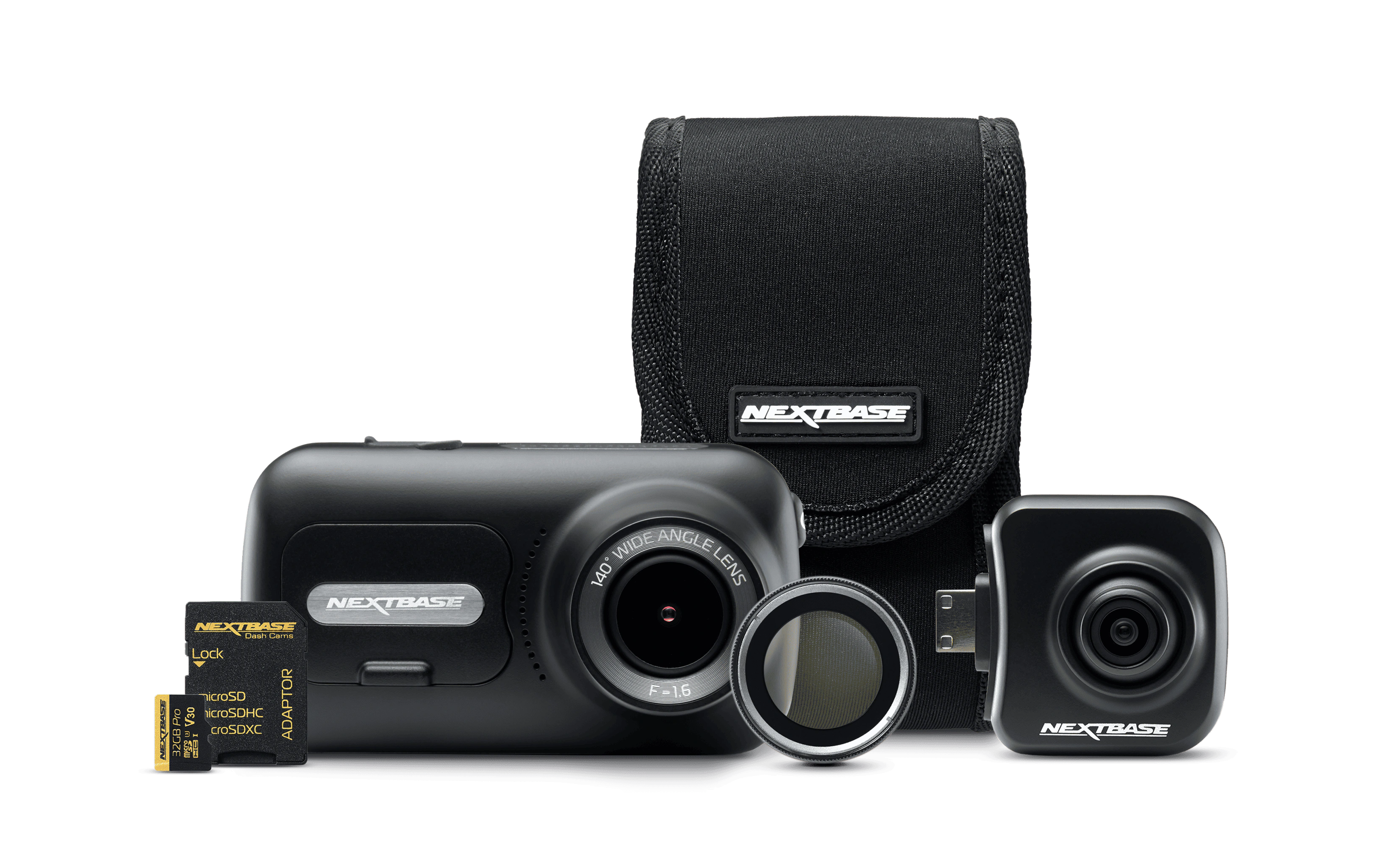 Camera kit including a camera, accessories, and a protective case.