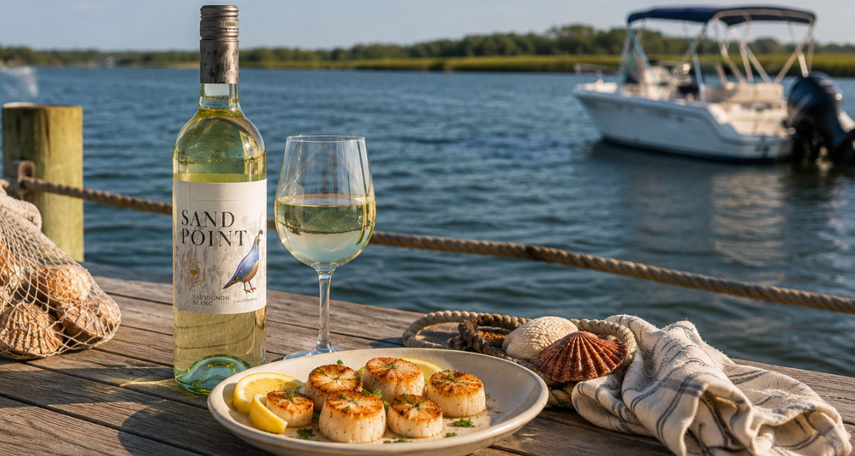 A bottle of sauvignon blanc with a plate of seared scallops by the water.