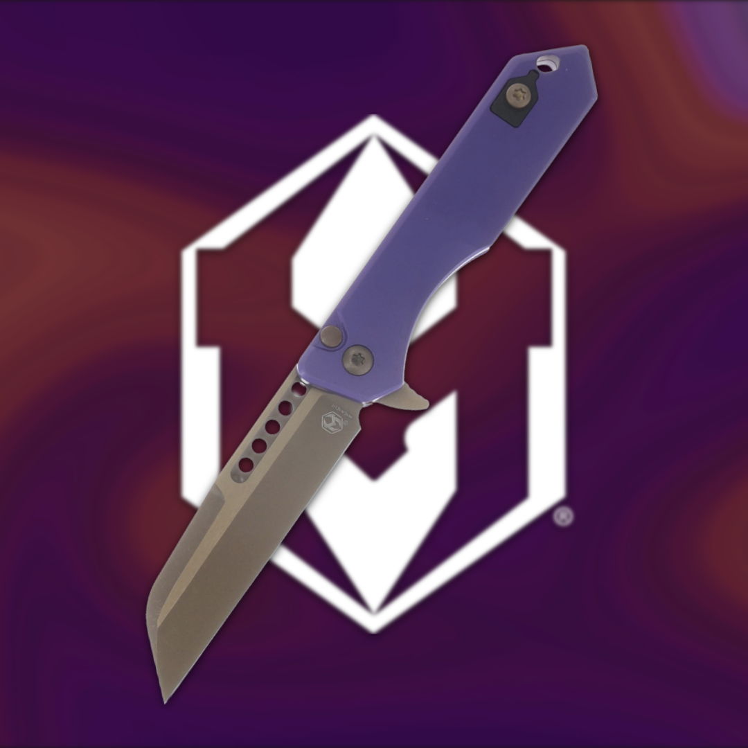Foldable knife with a purple handle against a logo background.