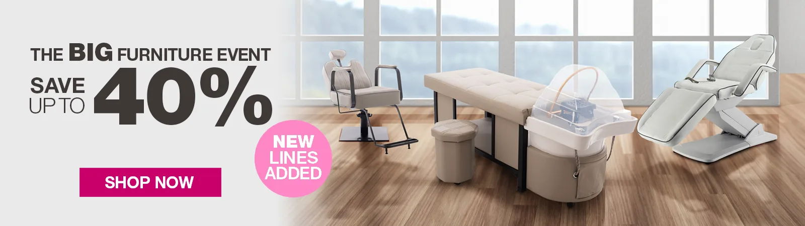 Furniture sale advertisement with discount text and modern furniture setup.