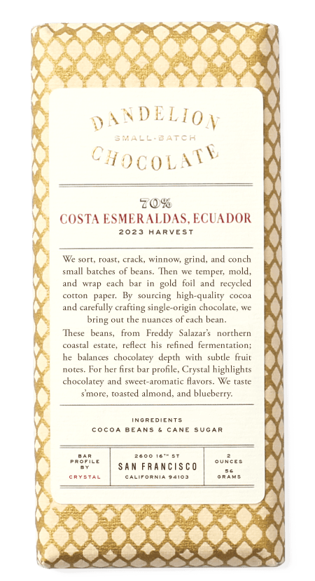 Dandelion Chocolate bar packaging, Costa Esmeraldas, Ecuador, 2023 harvest.