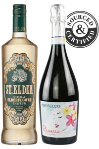 Two bottles of liqueur and prosecco with a certification badge.