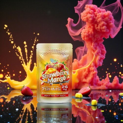 Container of Strawberry Mango flavor with colorful splashes in the background.